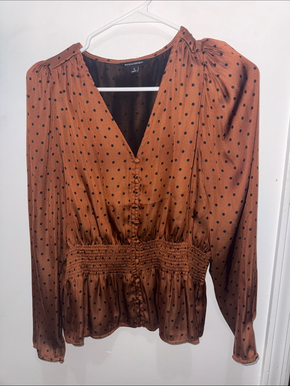 Banana Republic Rust Brown Polka Dot V-Neck Peplum Blouse